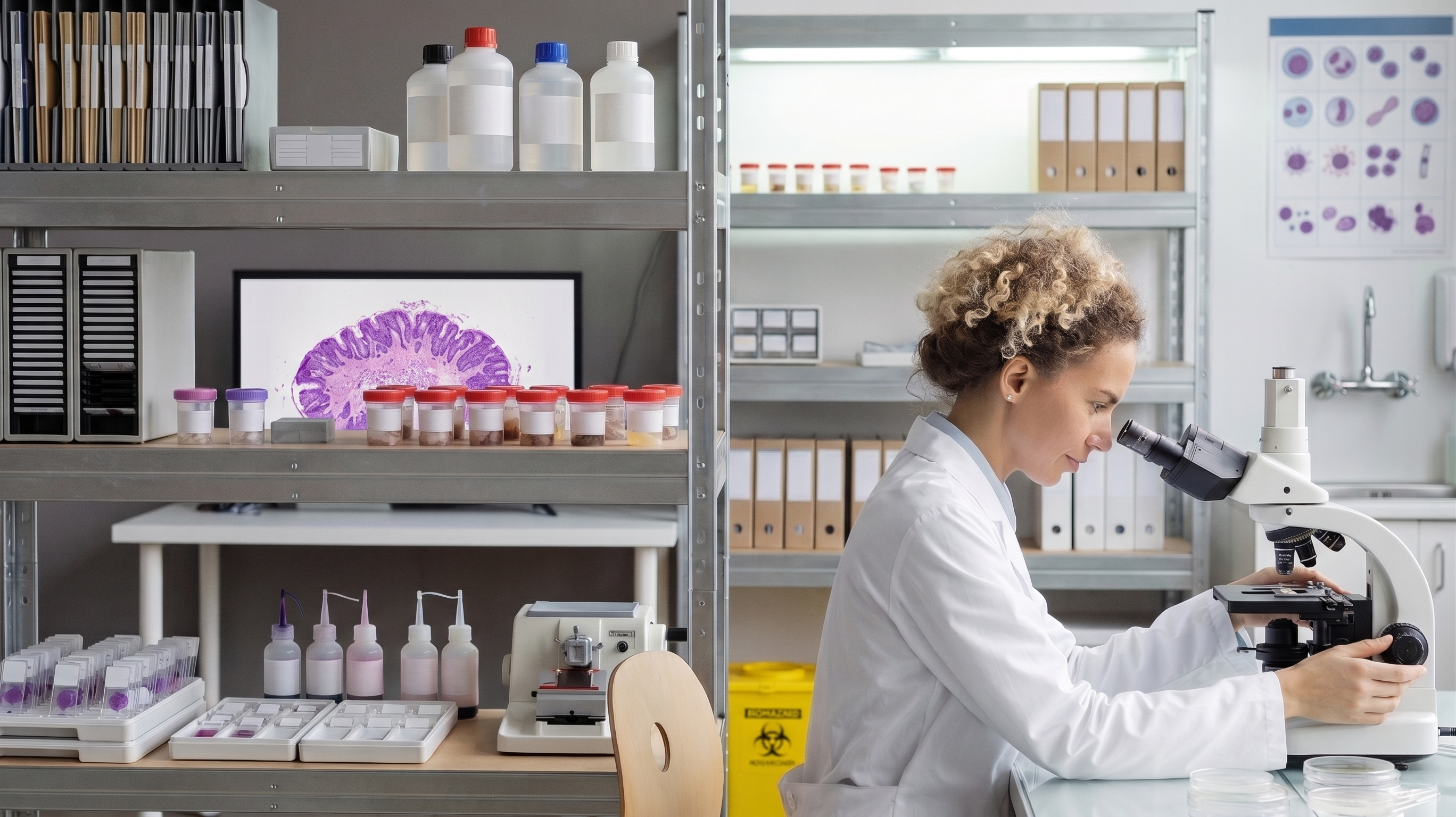 Profissional de laboratório usando microscópio